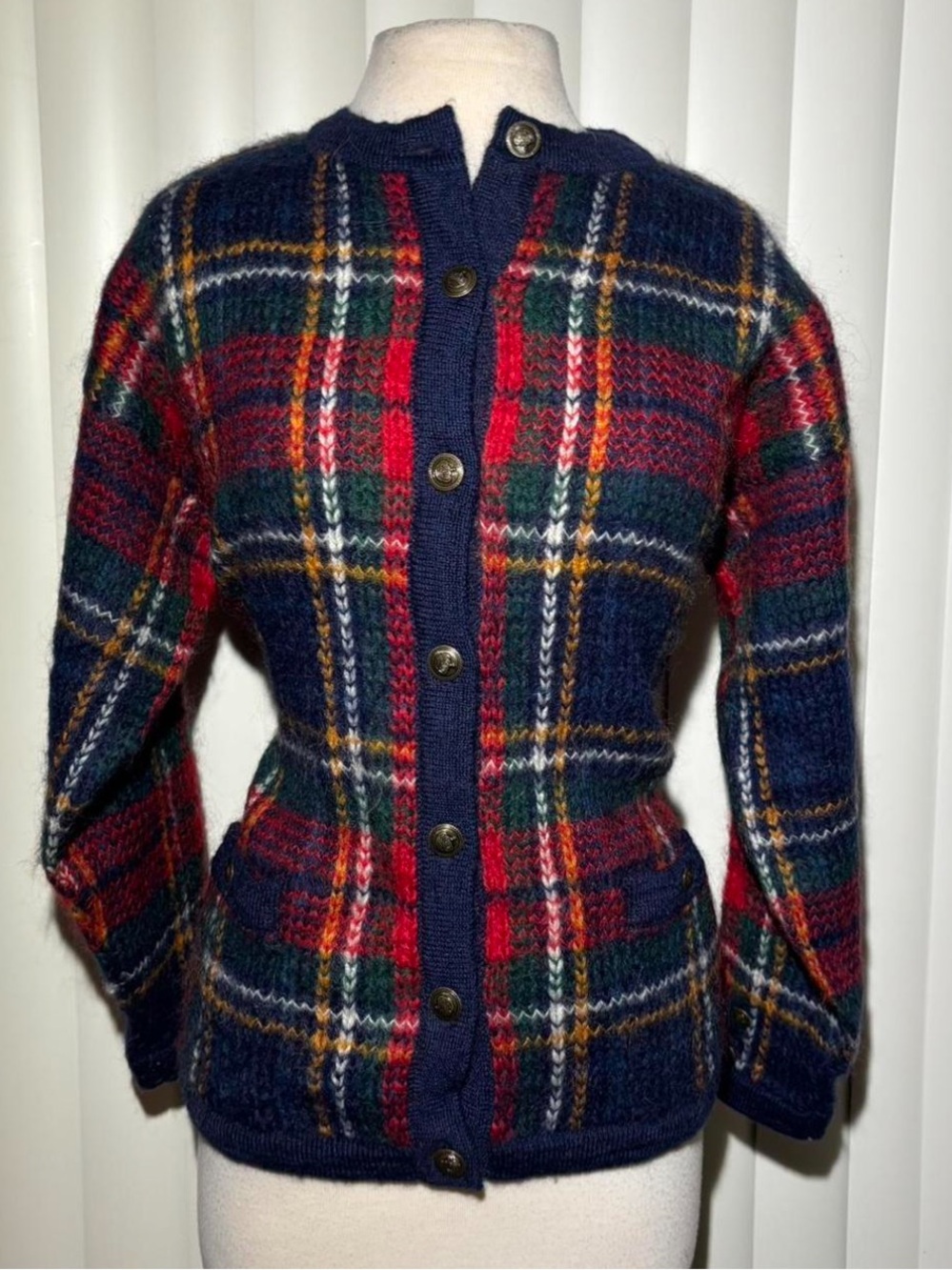 Plaid Button-Front Wool Blend Women's Sweater - Navy & Red